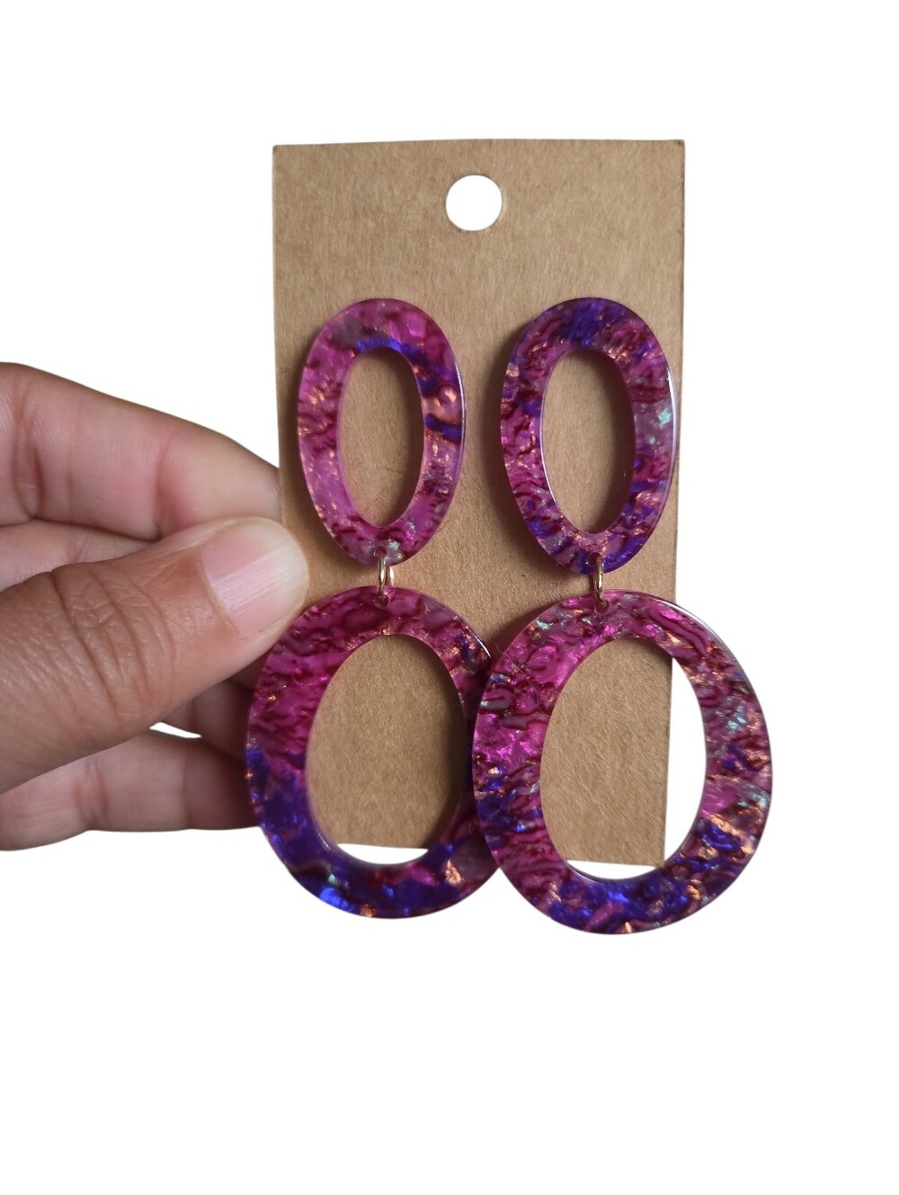 Gold Toned Light Purple Blue Resin Oval Drop Earrings